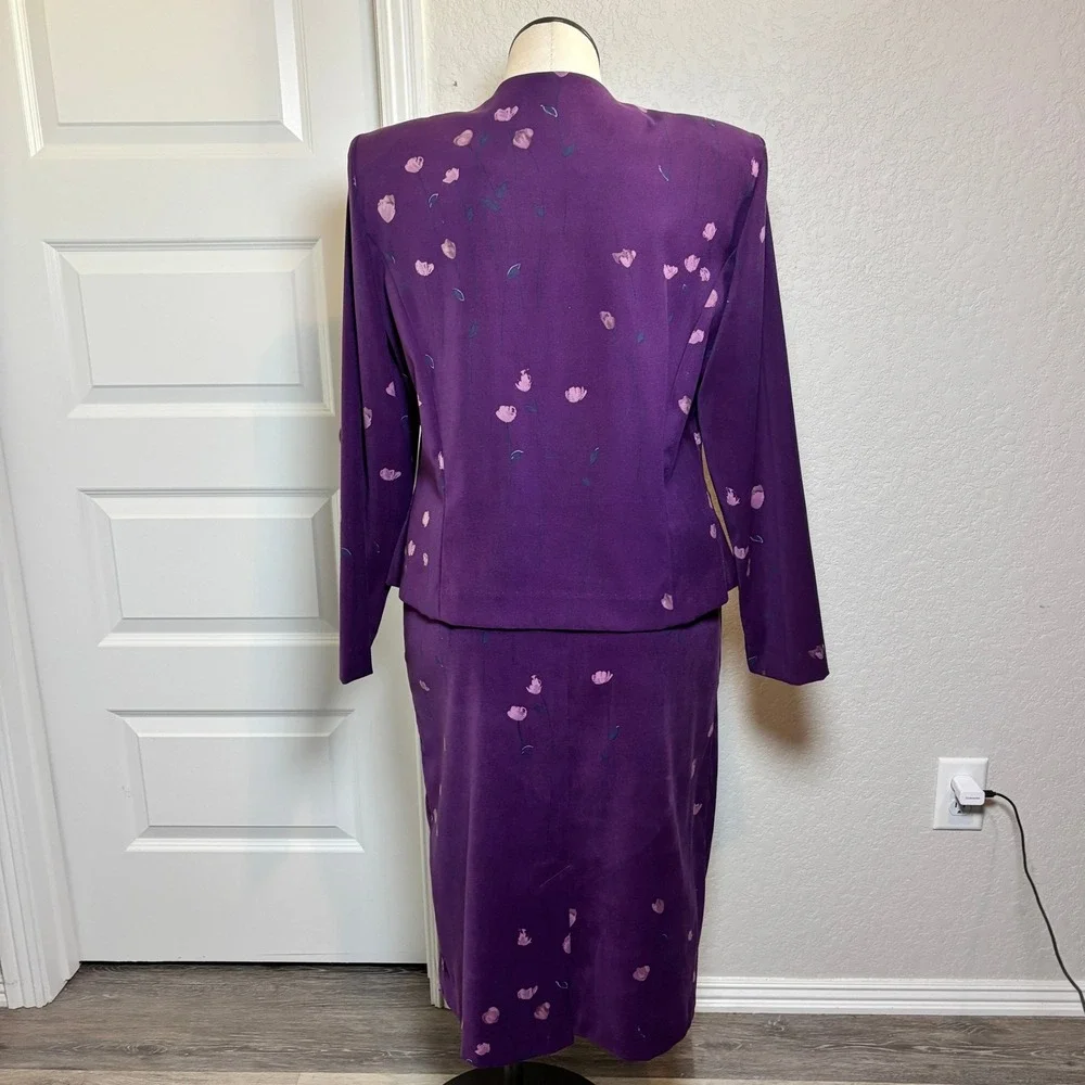 Leslie Fay Vintage Purple Floral Skirt‎ Suit Set Jacket Midi Skirt Size 14